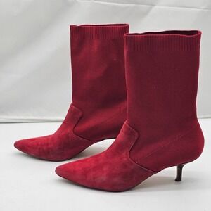 Halston Women Size 9 Sock Red Booties Suede Stretchy Pointy Toe Valentine Day